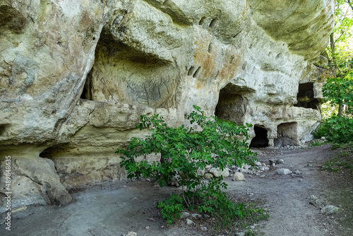 Caves of the city of Tepe-Kermen in Bakhchisarai. Crimea. Russia. Crimean mountains.
