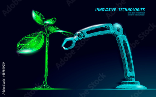 Plant sprout biotechnology abstract concept. 3D render seedling tree leaves DNA genome engineering vitamin supplement. Medical science life eco polygon triangles low poly vector illustration