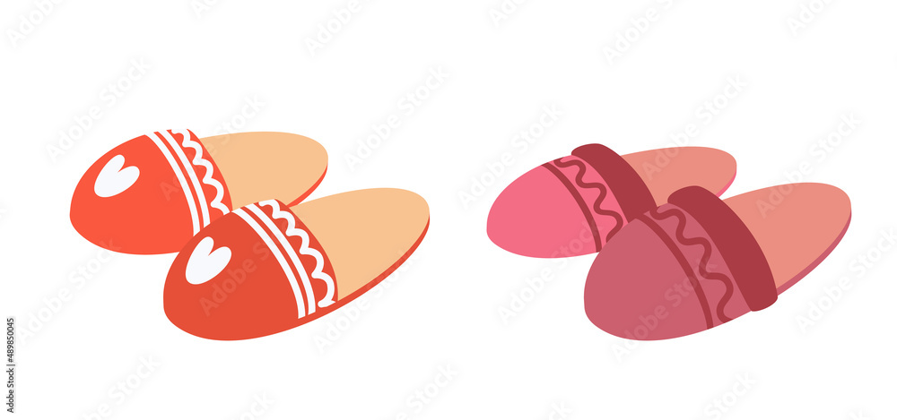 pair of cute cozy house slippers, vector flat illustration, isolated, cartoon. pair of cute cozy house slippers, vector flat illustration, isolated, cartoon.