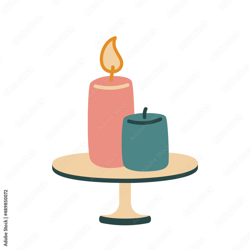 Pink and green candles on a candle stand, vector flat illustration, isolated, cartoon. Pink and green candles on a candle stand, vector flat illustration, isolated, cartoon.