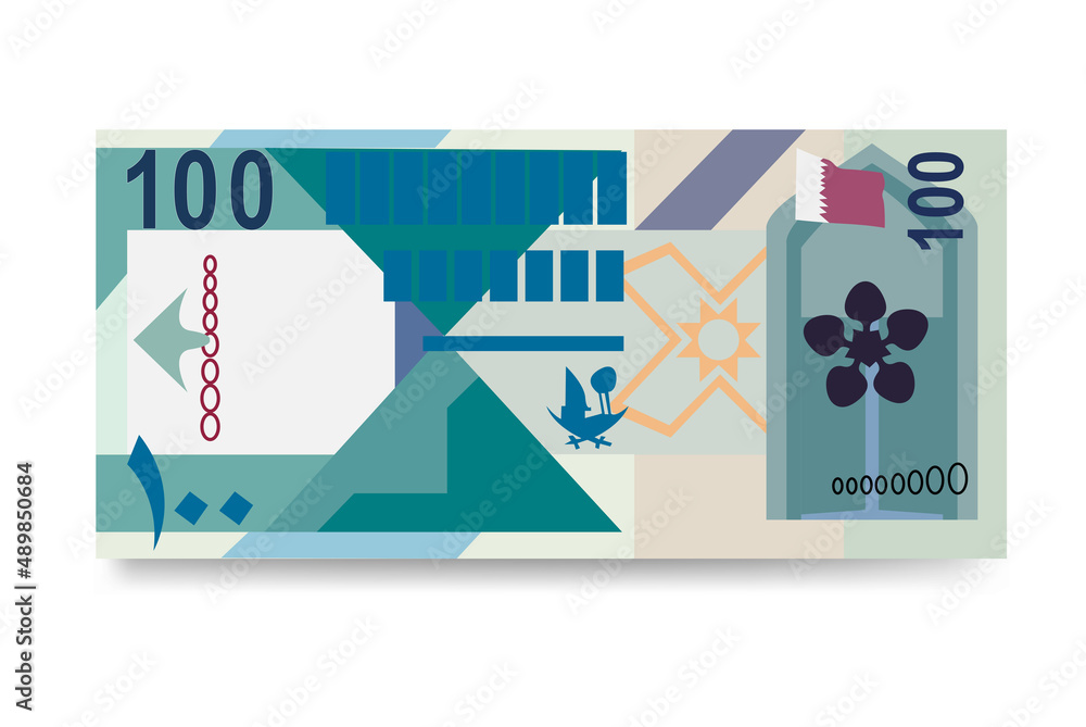 Qatari Rial Vector Illustration. Qatar money set bundle banknotes. Paper money 100 QAR. Flat style. Isolated on white background. Simple minimal design.
