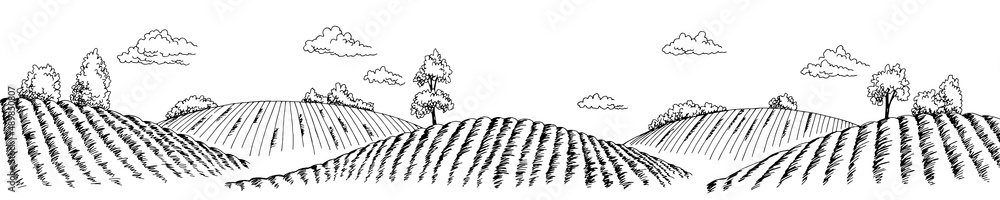 Field graphic black white long landscape sketch illustration vector  - obrazy, fototapety, plakaty 