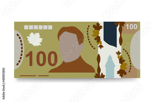 Canadian Dollar Vector Illustration. Canada money set bundle banknotes. Polymeric money 100 CAD. Flat style. Isolated on white background. Simple minimal design.