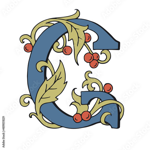 Letters G Drop Caps. Vector hand-drawing letter. Fabulous ornament with a berries.