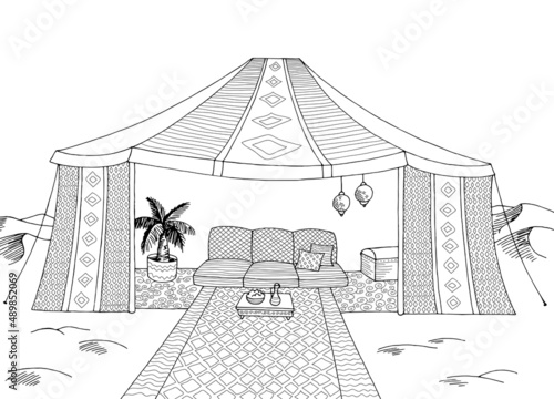 Desert tent graphic black white landscape sketch illustration vector 
