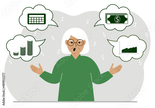 Screaming old woman thinking about finances. In my thoughts money, calculator, charts. For posters, banners, websites.