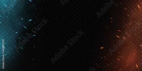 Realistic blue and orange flame with sparks isolated on dark transparent background. Abstract design elements for template. Magic fire with glowing dust. Light effect. Vector illustration