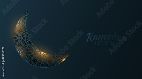Luxurious glowing moon window with traditional islamic ornament. Light effect with magical dust. Festive modern banner. Eid Mubarak. Holy month for fasting Muslims. Vector illustration