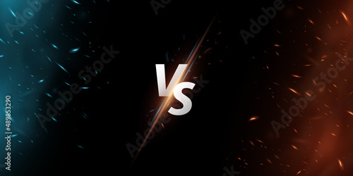 Versus background. VS screen for sport games, match, tournament, martial arts, fight battles. Blue and orange flame with sparks. Abstract magic fire with glowing dust. Vector illustration
