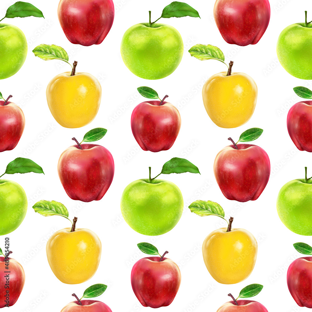 Illustration realism seamless pattern fruit apple of different colors on a white isolated background. High quality illustration Illustration realism seamless pattern fruit apple of different colors on a white isolated background. High quality illustration