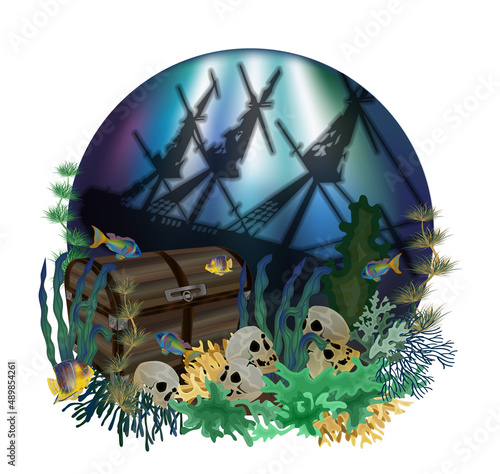 Underwater card with sunken ship and treasure chest box. vector illustration
