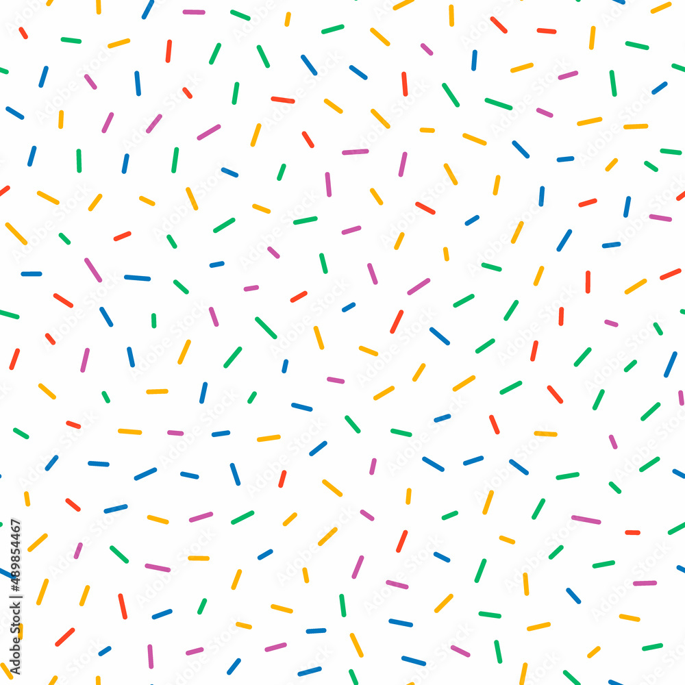 Colored confetti. Evenly scattered colored stripes. Seamless vector pattern. Festive background.