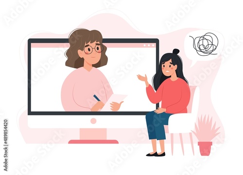 Psychotherapy online - woman talking to psychologist on the screen. Mental health concept, vector illustration in flat style