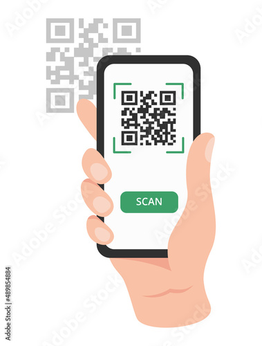 QR code scanning concept. A hand holding a smartphone with a scanning app on a touch screen. Online payment. Vector illustration in flat style isolated on white background. 
