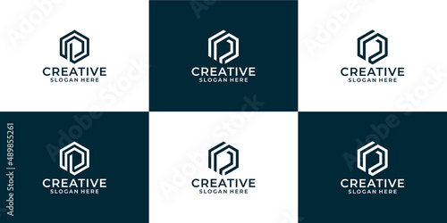 Set of creative letter P technology logo with abstract shape logo template.