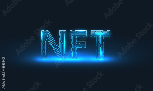 Concept banner NFT non-fungible tokens with a bright glow on dark background. Vector illustration