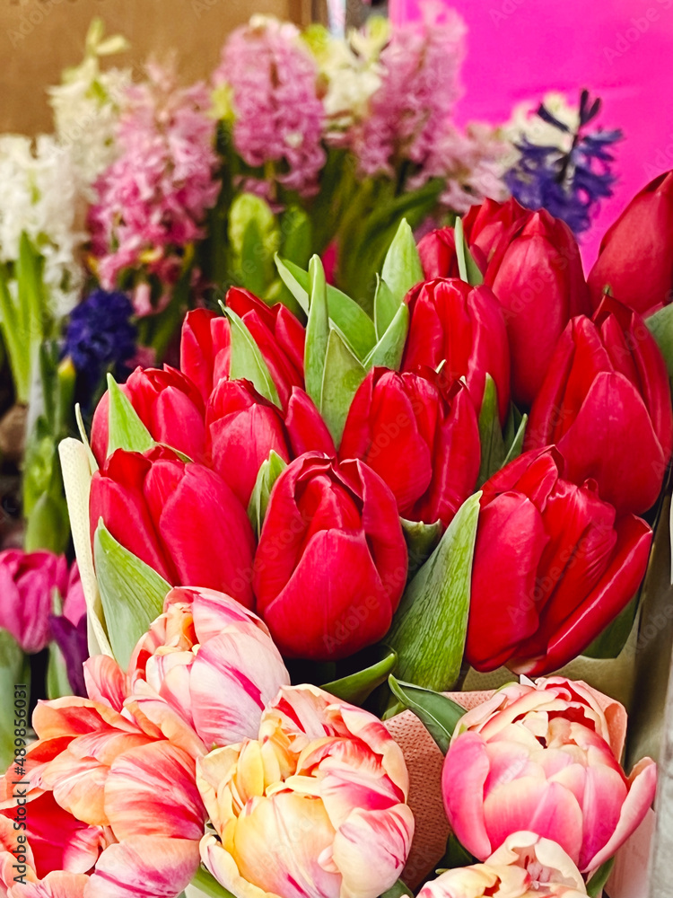 Fototapeta premium Beautiful red tulips bouquets in flowers shop
