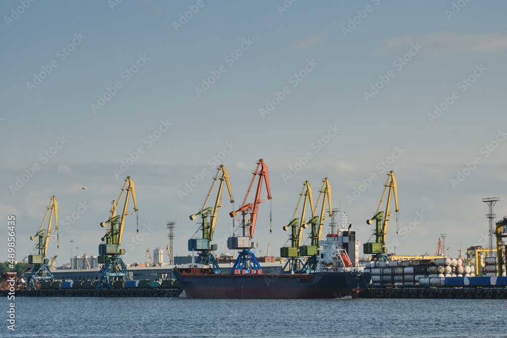 Container cargo ship on the water and loading cranes on the sky background at industrial port. Import export business logistic for international trading. Naval transportation of goods concept. photo