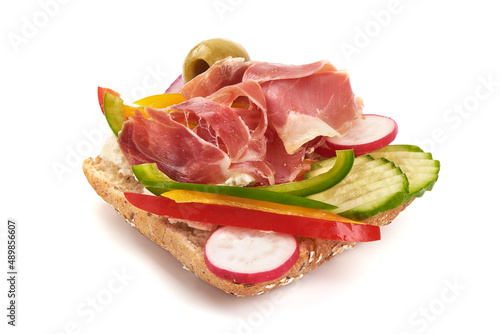 Jerked prosciutto sandwich, isolated on white background. High resolution image.