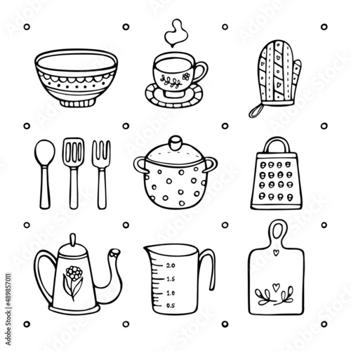 Kitchen doodle set. Utensil isolated in white background. Hand-drawn vector illustration. 