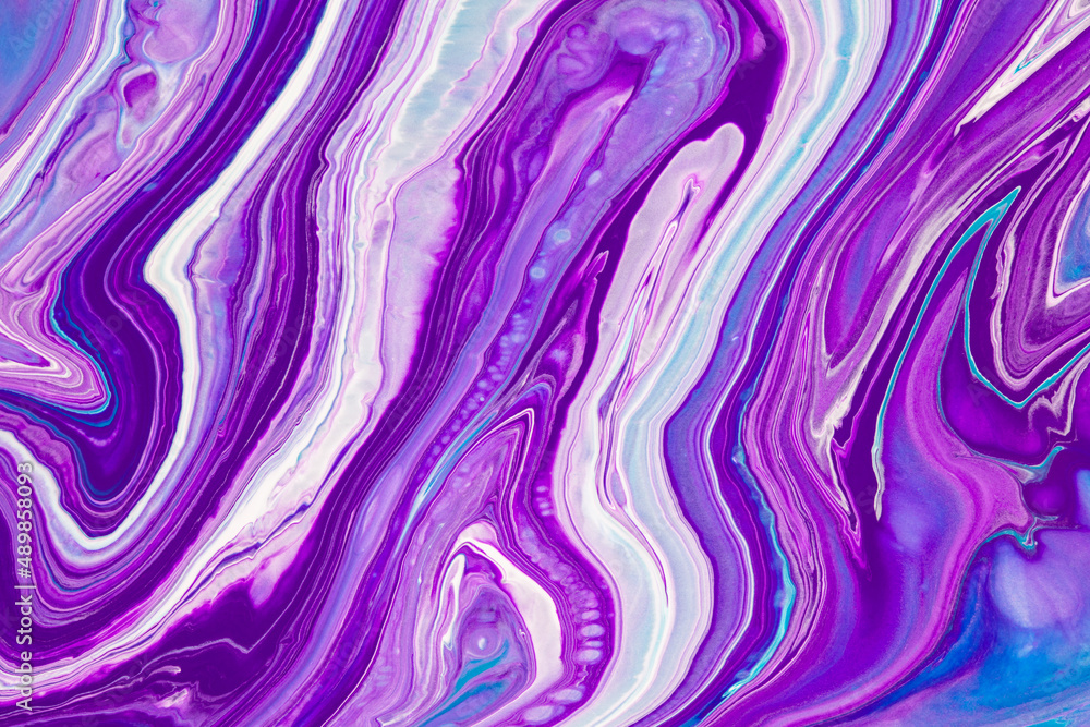 Fluid art texture. Background with abstract mixing paint effect. Liquid acrylic artwork with flows and splashes. Mixed paints for posters or wallpapers. Purple, blue and turquoise overflowing colors.