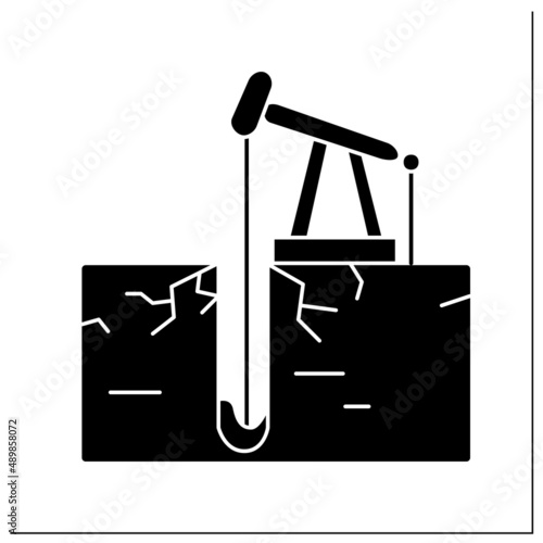 Industrial drilling glyph icon. Oil extraction with derrick. Resource depletion, mineral digging, ecosystem and global environment danger.Filled flat sign. Isolated silhouette vector illustration