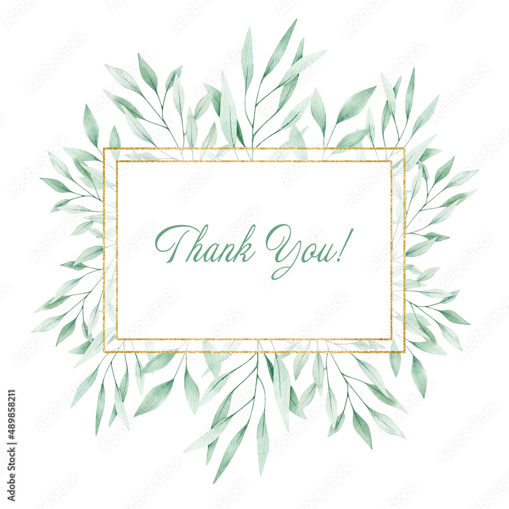 Watercolor illustration card green leaves branches, rectangle gold  frame. Isolated on white background. Hand drawn clipart. Perfect for card, postcard, tags, invitation, printing, wrapping.