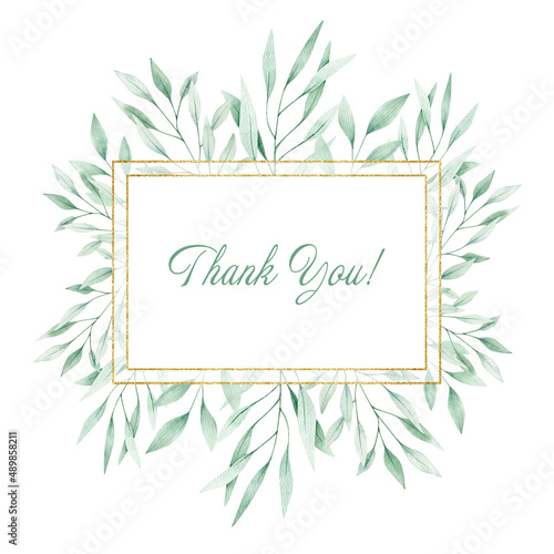 Watercolor illustration card green leaves branches, rectangle gold frame. Isolated on white background. Hand drawn clipart. Perfect for card, postcard, tags, invitation, printing, wrapping.