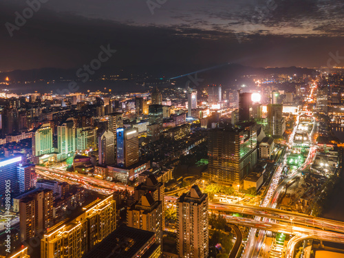 Aerial photography of night view of Wulin Square in the old city of Hangzhou