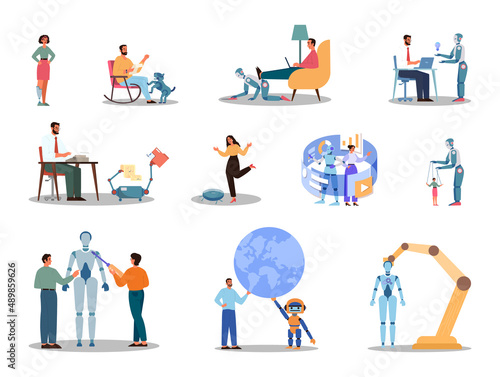 Robot concept set. Artificial intelligence and human synergy or competing.