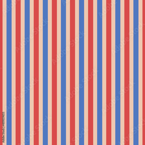Vertical red, blue and beige stripes background. Seamless and repeating pattern. Editable template. Vector illustration.