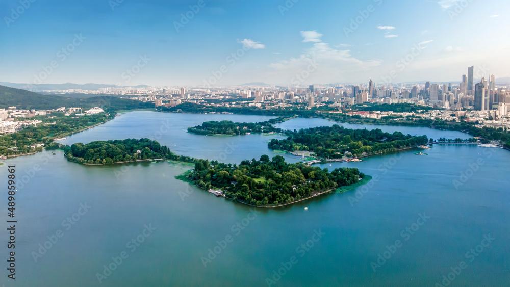 Aerial photography of lakes and city buildings in Nanjing, China