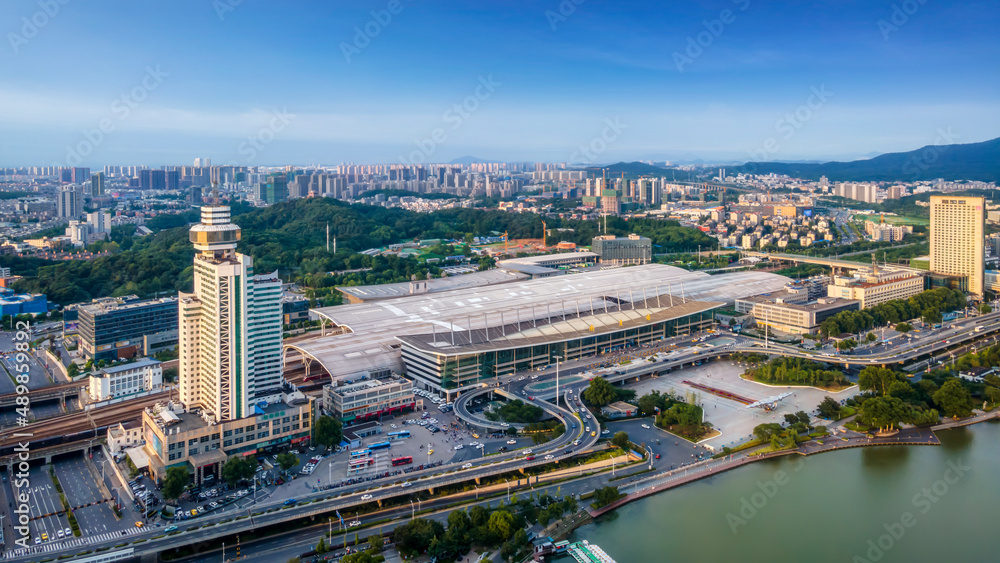 Aerial photography of lakes and city buildings in Nanjing, China