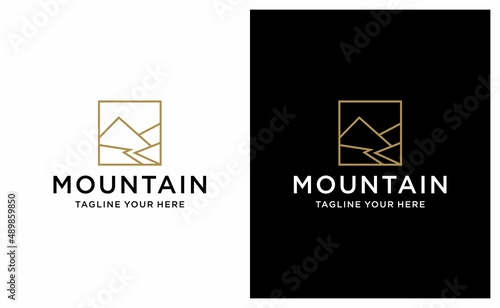 Line art Mountain River Logo Design Template. on a black and white background.