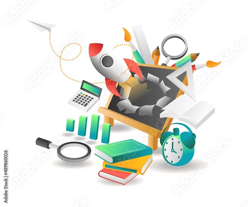 Flat isometric illustration concept. The rocket comes out of the student's whiteboard