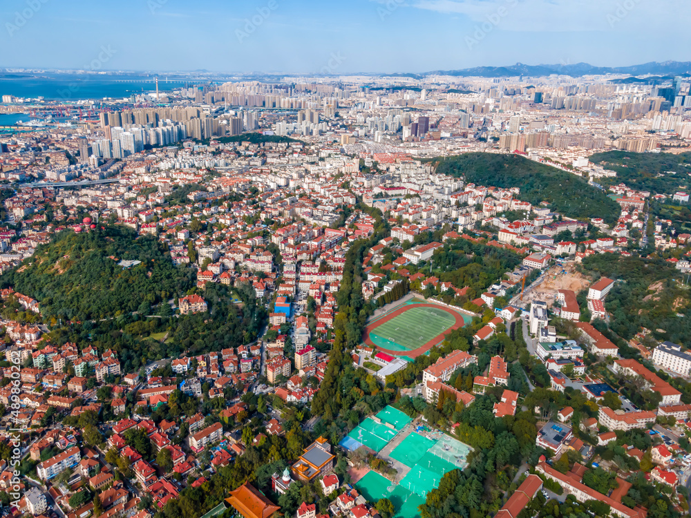 Aerial photography of the coastline scenery of the old city of Qingdao, China