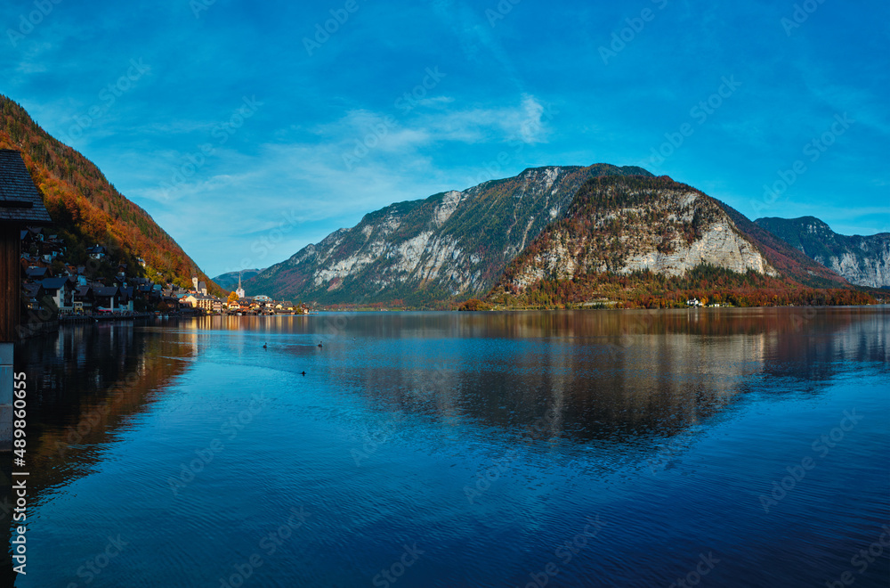 Panorama of Austrian tourist destination Hallstatt village on Hallstatter See in Austrian alps in autumn. Salzkammergut region, Austria