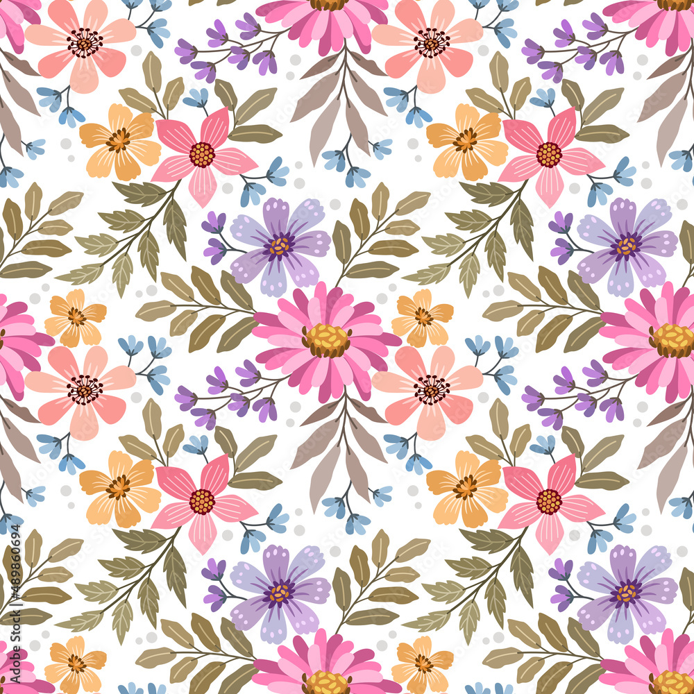 Colorful flowers and leaf on white color background seamless pattern.