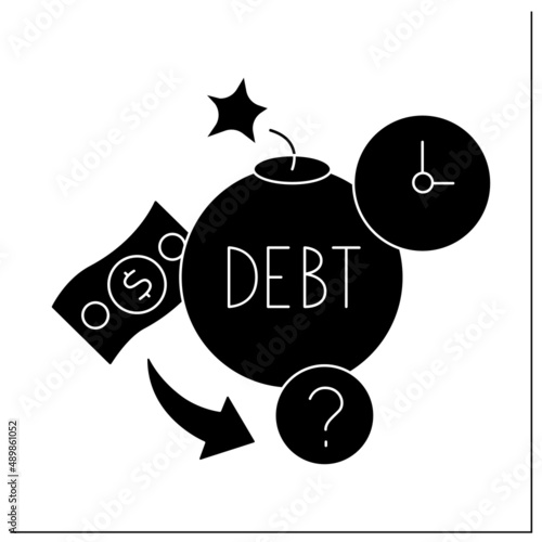 Debt glyph icon. Cash borrowed by one party from another. Borrow to be paid back at later date. Money concept. Filled flat sign. Isolated silhouette vector illustration