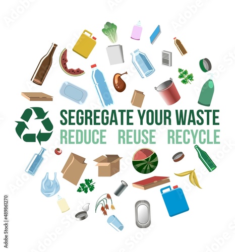 Educational poster with metal, plastic, paper, glass, compost segregation infographics. 