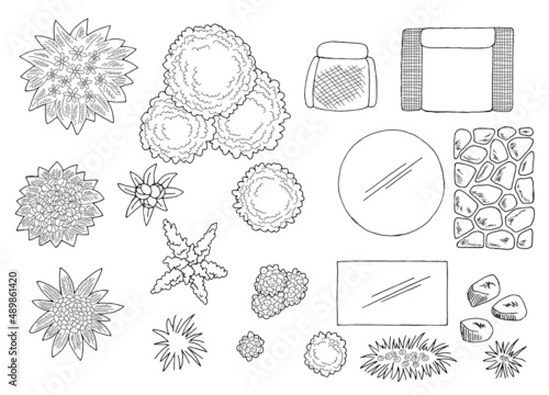 Landscape architect design element set graphic black white top sketch aerial view illustration vector 
