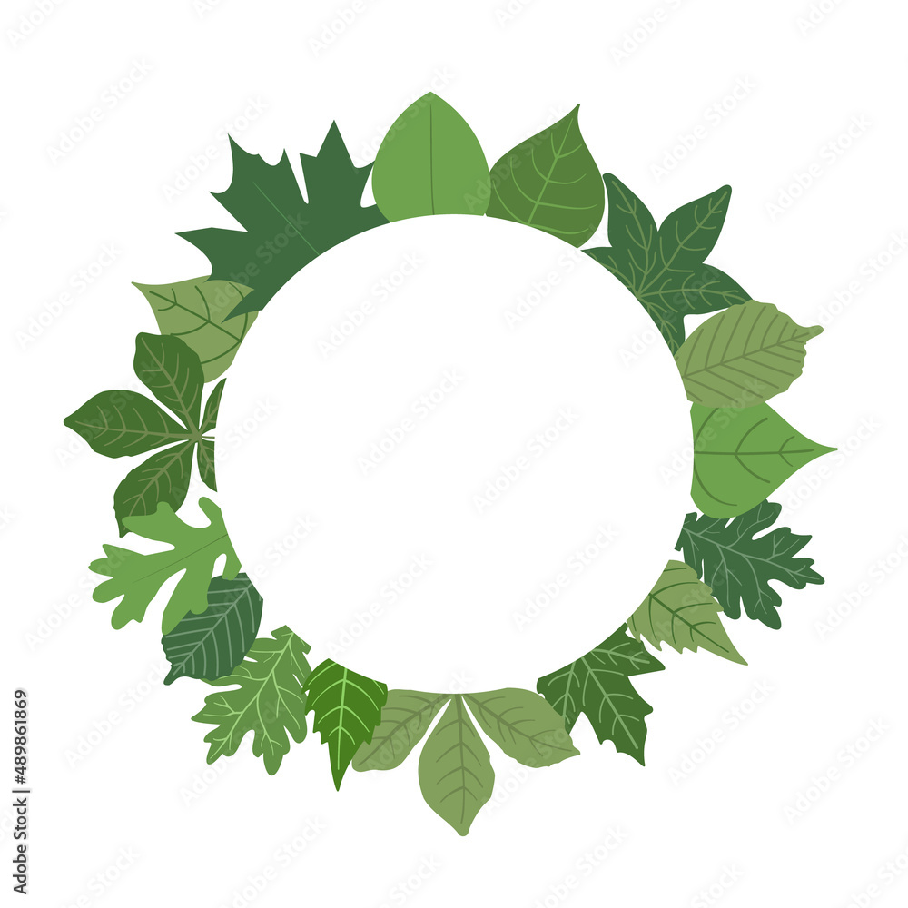 Fototapeta premium Forest green foliage round border frame. Greenery circle greeting card with place for text. Template for invitation card with forest leaves. Vector illustration