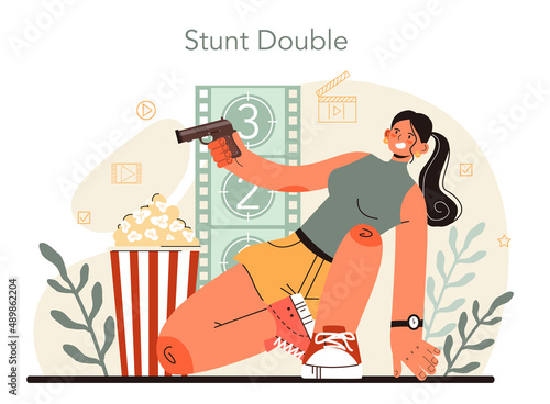 Stuntman concept. Actor performing dangerous stunt on motorcycle