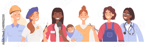 Woman of different professions. Mechanic, reporter, babysitter, doctor, engineer and artist. Female workers group portrait. Diverse women isolated on white background.