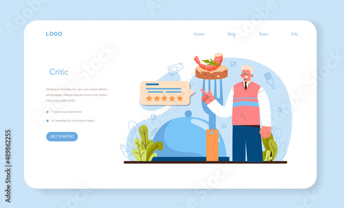 Food critic web banner or landing page. Professional writer making review