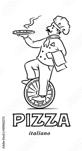 Funny chef on monocycle with pizza. Emblem design