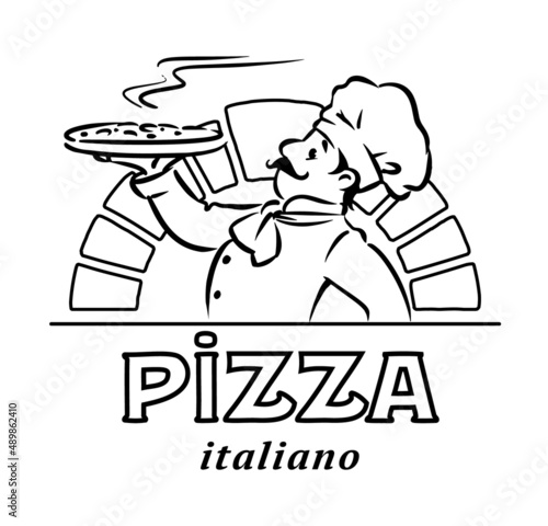 Funny chef with pizza. Emblem or logo design