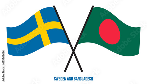 Sweden and Bangladesh Flags Crossed And Waving Flat Style. Official Proportion. Correct Colors.