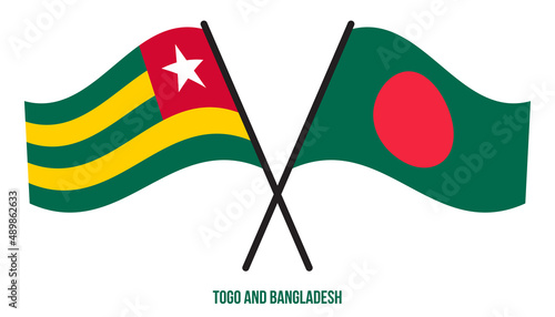 Togo and Bangladesh Flags Crossed And Waving Flat Style. Official Proportion. Correct Colors.