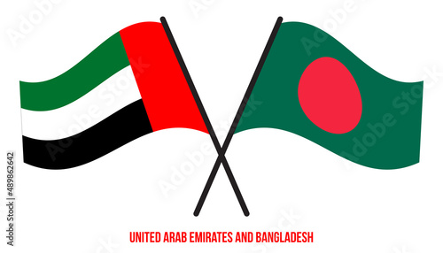 United Arab Emirates and Bangladesh Flags Crossed And Waving Flat Style. Official Proportion.
